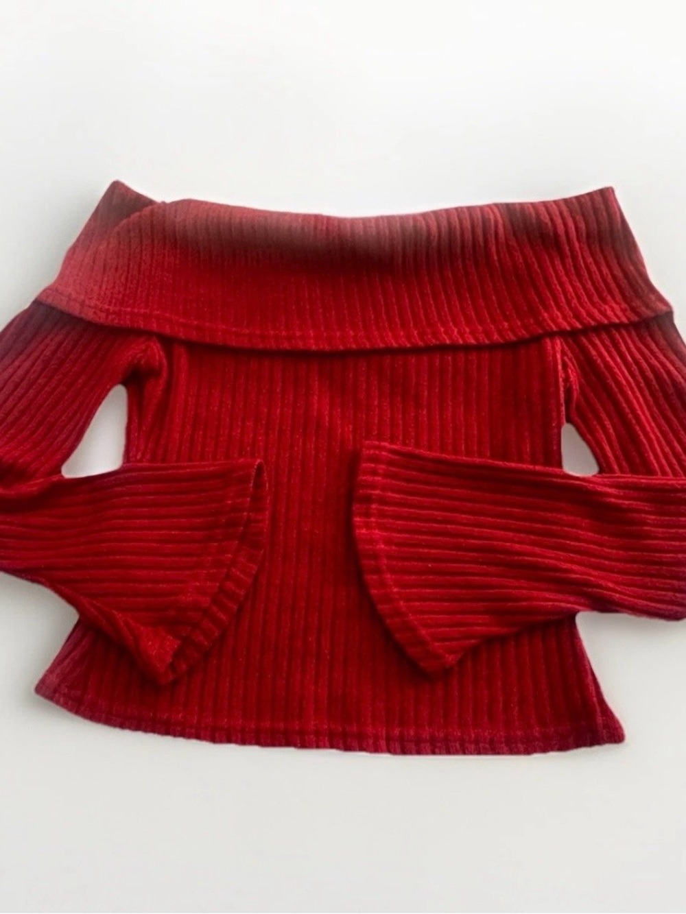 Cider Red Off-the-Shoulder Ribbed Bell-Sleeve Sweater - Picture 2 of 5